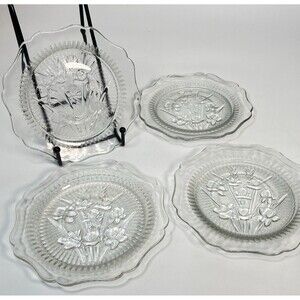 Set 4 Vtg Jeannette Glass Iris & Herringbone Clear Depression Saucers 5.75"